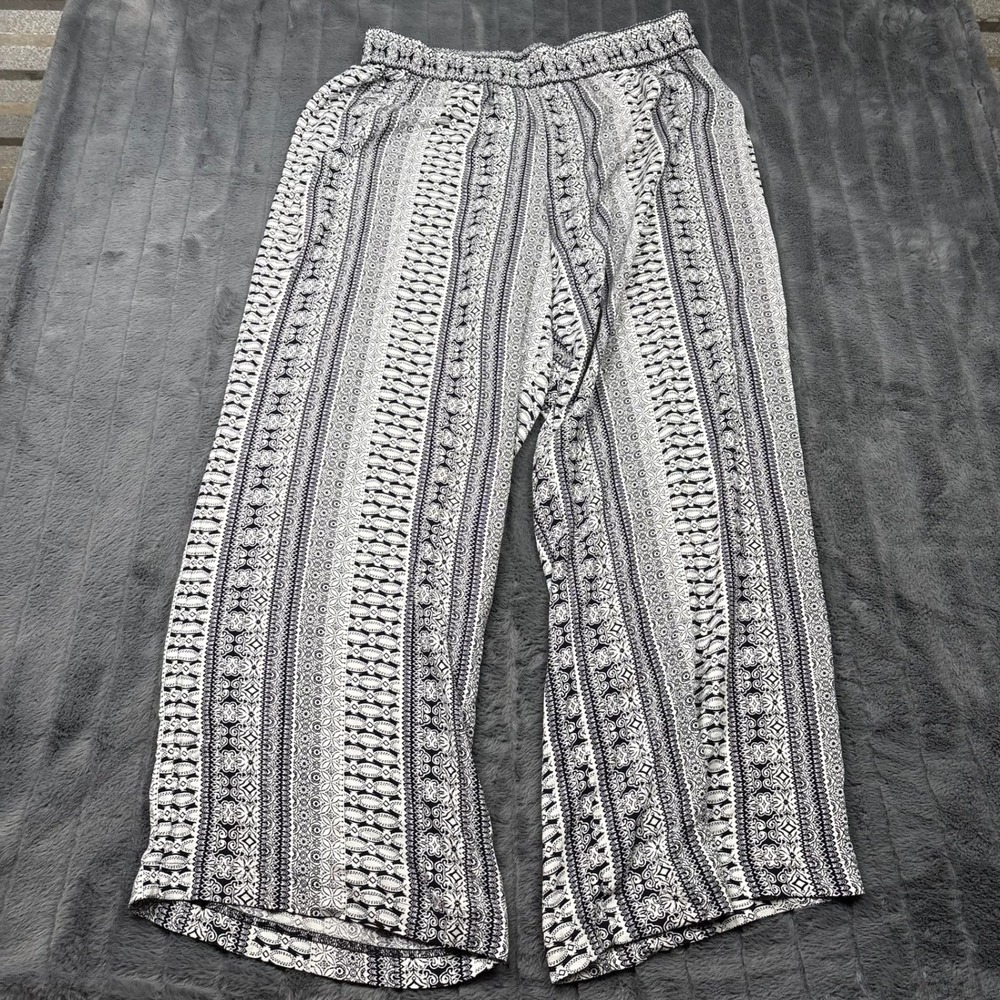 Christopher & Banks Womens XL Wide Leg Pants Black White Medallion Print Rayon